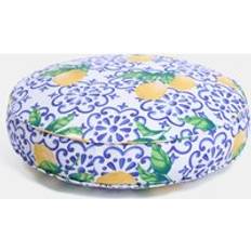 OHS Indoor Outdoor Round Lemon Print Filled Cushion - White/Blue Complete Decoration Pillows Yellow, Blue