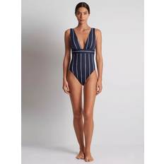 Ralph Lauren Swimwear Ralph Lauren Stripe V-Neck Plunge Swimsuit - Navy