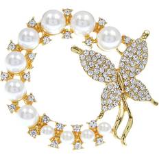 Women Brooches Typecat Pearl and Rhinestone Fashion Circle Brooches - White