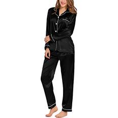 Swomog Womens Silk Satin Pajamas Long Sleeve Loungewear Two-piece Set - Black
