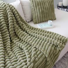 Textiles Plaid Effet Fourrure Côtelée et Flanelle 150 x 125 cm Olive Couverture