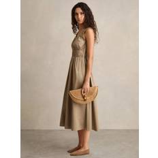 Reiss Dresses Reiss Anouk Craft Stitch Shirred Dress - Khaki