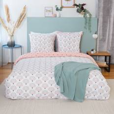 Textiles Parure En Coton Réversible 220x240 cm 2 Taies D'oreiller 63x63cm Linge de Lit Rose, Blanc