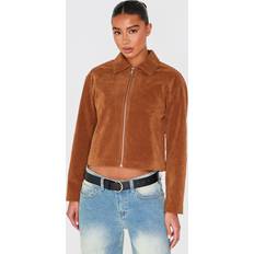 PrettyLittleThing Tan Zip Up Faux Suede Jacket - Brown