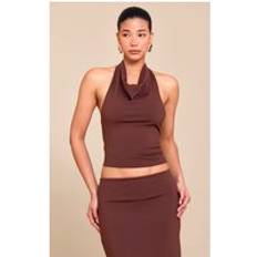 Gold Tank Tops PrettyLittleThing Matte Sculpt Halterneck Gold Detail Backless Top - Brown