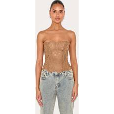 PrettyLittleThing Textured Sheer Floral Lace Corset - Brown