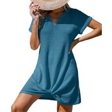 Blue - Women Swimsuit Cover-Ups & Sarong Wraps Cupshe Waffle-Knit Short Sleeve Cover-Up Mini Dress - Blue