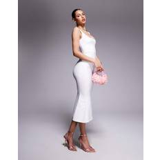 Vesper Bengaline Sleeveless Square Neck Fishtail Midi Dress - White