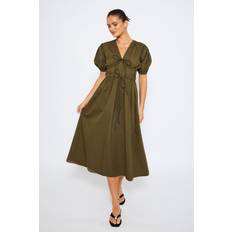 South Beach Tie Front Short Sleeve Midi Dress - Khaki