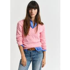 Gant Dam Tröjor Gant Dam V-ringad Kabelstickad Tröja I Bomull - Rosa
