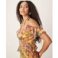 Yellow Blouses Anaya Floral Print Wrap Cold Shoulder Top - Yellow