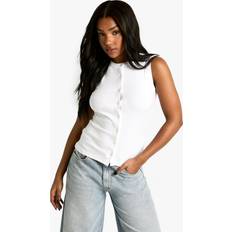 boohoo Womens Ribbed Button Front Longline Top - White