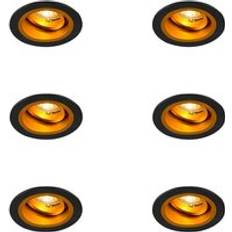 Belysning QAZQA Set med 6 Infällda Spotlights Runda Svarta med Guld Roterbara och Lutningsbara Spotlight