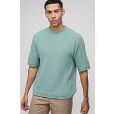 boohooMAN Mens Sage Regular Fit Waffle Raw Trim Knitted T-Shirt