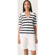 Soaked in Luxury Sweatere Soaked in Luxury Slspina Striped Polo Pullover - Broken White/Black Stripe