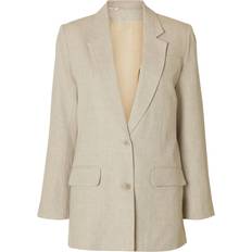 Dam - Linne Kavajer Selected Relaxed Fit Enkelknäppt Kavaj - Beige
