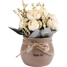 Keramik Konstgjorda växter Tooarts Ceramic Vase Silk Rose Flower Potted Home Desktop Decoration Ornament White Artificial Plant