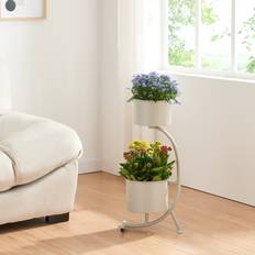 Supporti per Piante da Interno [en.casa] Stand Portapiante Almelo con 2 Portavasi Cilindrici - Grigio Chiaro