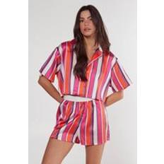 Orange Sleepwear Nasty Gal Womens Satin Multi Stripe Cropped Shirt And Shorts Pajama Set - Orange