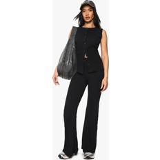 Black Suits boohoo Womens Rib Button Through Sleeveless Top and Trouser Set - Black