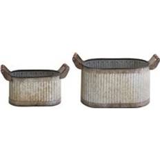 Wood Pots Beliani Set of Metal Plant Pots Indoor Outdoor Iron Wood Handles Distressed Effect Grey Tulpie