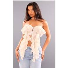 Chiffon Underwear PrettyLittleThing Cream Bandeau Chiffon Ruffle Lace Up Corset - White