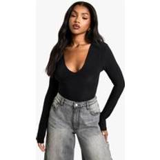 Shapewear & Under Garments boohoo Womens Double Layer Slinky Plunge Front Long Sleeve Bodysuit - Black
