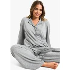 boohoo Womens Petite Long Sleeve Shirt & Trousers Pyjama Set - Grey
