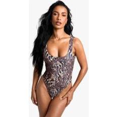 Boohoo Swimsuits boohoo Leopard Square Neck Swimsuit - Brown