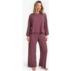Red Pyjamas boohoo Womens Petite Loungewear Stripe Long Sleeve Top & Trousers Pyjama Set - Red