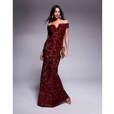 Velvet Dresses Goddiva Sequin Velvet Bardot Evening Maxi Dress - Red