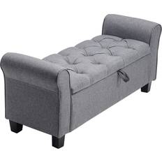 LivingAndHome Linen Rolled Arm Ottoman Button Tufted Pouffe Chest Storage Bench