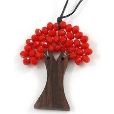 Wood Charms & Pendants Avalaya Red Glass Bead Brown Wood Tree Of Life Pendant - Black