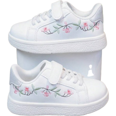 Shein pair Kids Classic Hook And Loop Casual White Shoes With Cartoon Embroidery Decor Breathable Comfortable Canvas Sneakers For Boys Girls