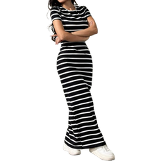 Shein Black And White Striped Round Neck Short Sleeve Fitted Long Dress FallWinter