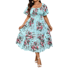 Shein Plus Elegant Long Floral Printed Dress With Square Collar And Gathered Waistline For Summer