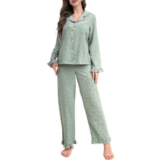 Shein Bubble Rüschen Kragen Langarm Pyjama Set - Ditsy Blumen