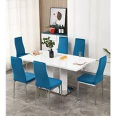 Furnizone UK Meridian 6-Seater White High Gloss Table with 6 Monza Blue Velvet Chairs Dining Set