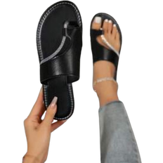 Shein Womens Flat Sandals Toe Ring With Rhinestone Solid Color Casual Outdoor Beach Shoes For Vacation Parties AntiSlip Flat Heel Sandals