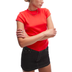 Topshop Rib Curve Hem Fitted Tee - Red