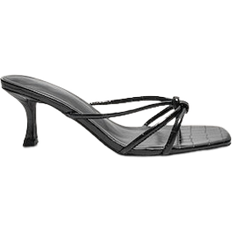 PrettyLittleThing Black Wide Fit Croc PU Square Toe Knotted Heeled Mules, Black