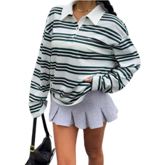 Shein Casual Everyday Green Stripe Print Polo Neck T-Shirt - Green