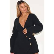 PrettyLittleThing Shape Linen Look Asymmetrical Hammered Button Blazer - Black