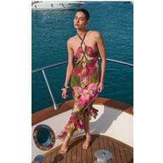 XS Swimsuit Cover-Ups & Sarong Wraps PrettyLittleThing Orchid Print Chiffon Frill Maxi Beach Dress - Green