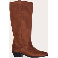 PrettyLittleThing Wide Fit Faux Suede Point Toe Knee High Western Boots - Chocolate