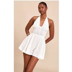 PrettyLittleThing Cream Chiffon Halterneck Corset Detail Skort Playsuit - White