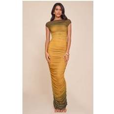 PrettyLittleThing Ombre Lined Mesh Ruched Midaxi Dress - Dark Ochre