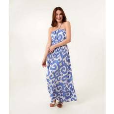 Long Dresses - White Blue Vanilla Bandeau Printed Shirred Waist Maxi Dress - Light