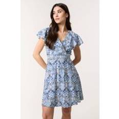 Wrap-Around Dresses Blue Vanilla Printed Frill Sleeve Wrap Front Belted Waist Dress -