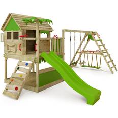 Fatmoose Wooden climbing frame TikaTaka with swing set SurfSwing and apple green slide, Playhouse on stilts for kids with sandpit, climbing ladder &